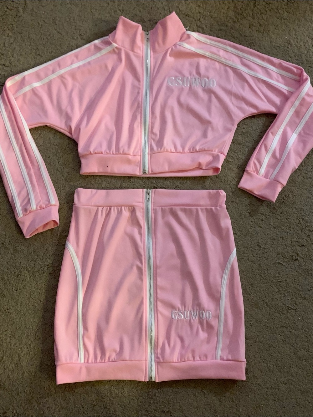 NWOT, Women's Pink & White Mini Skirt, Midriff Waist Jacket 2pc - GSUWOO, Size L